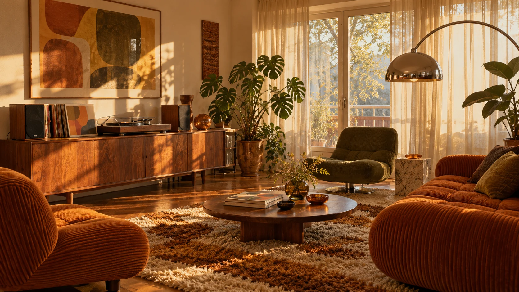 A sunlit retro living room with warm seating and a vintage hi-fi corner